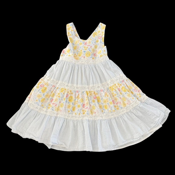 Tommy Bahama Other - Tommy Bahama Girls Floral Seersucker Tiered Lace Dress 7 Blue Yellow Cottagecore